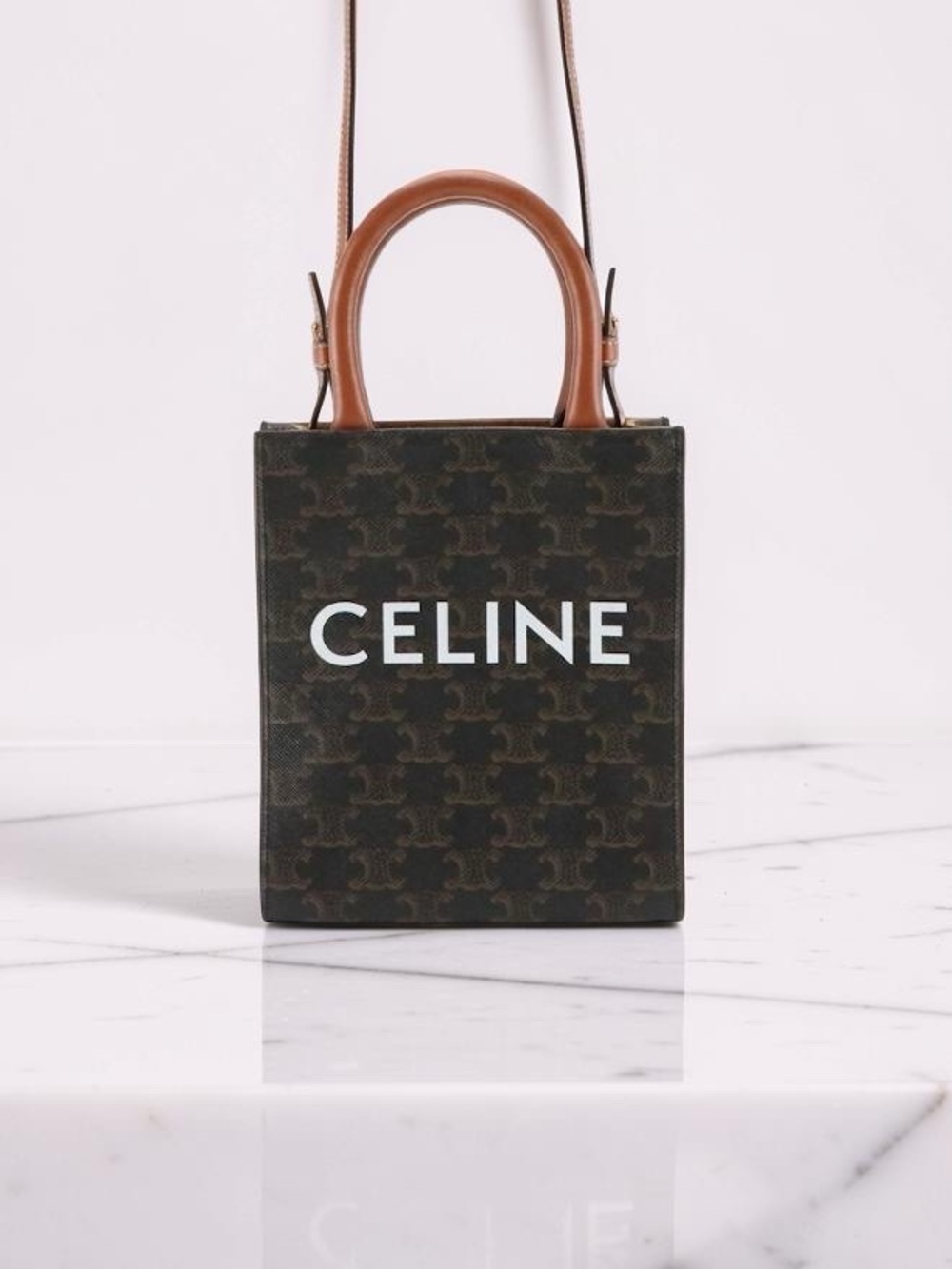 Celine Vertical Mini Cabas Two-Way Tote in Triomphe Canvas & Brown Leather